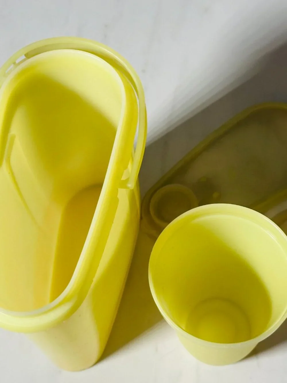 Lot of 2 - Vintage Tupperware Yellow Store and Pour Pitcher + Quick Shake Bottle